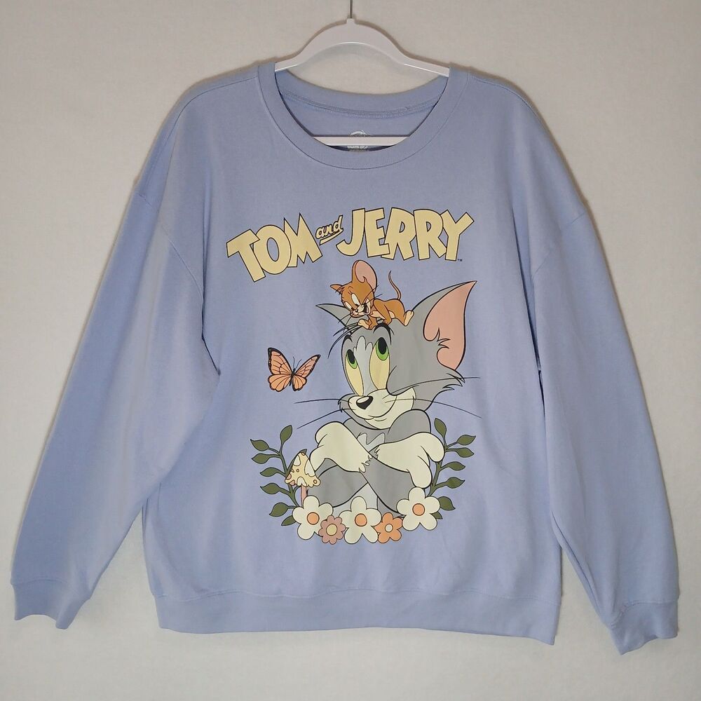 Tom And Jerry Sweatshirt Women Soft Blue Flowers Size XL 90s Cartoon Cat #1184